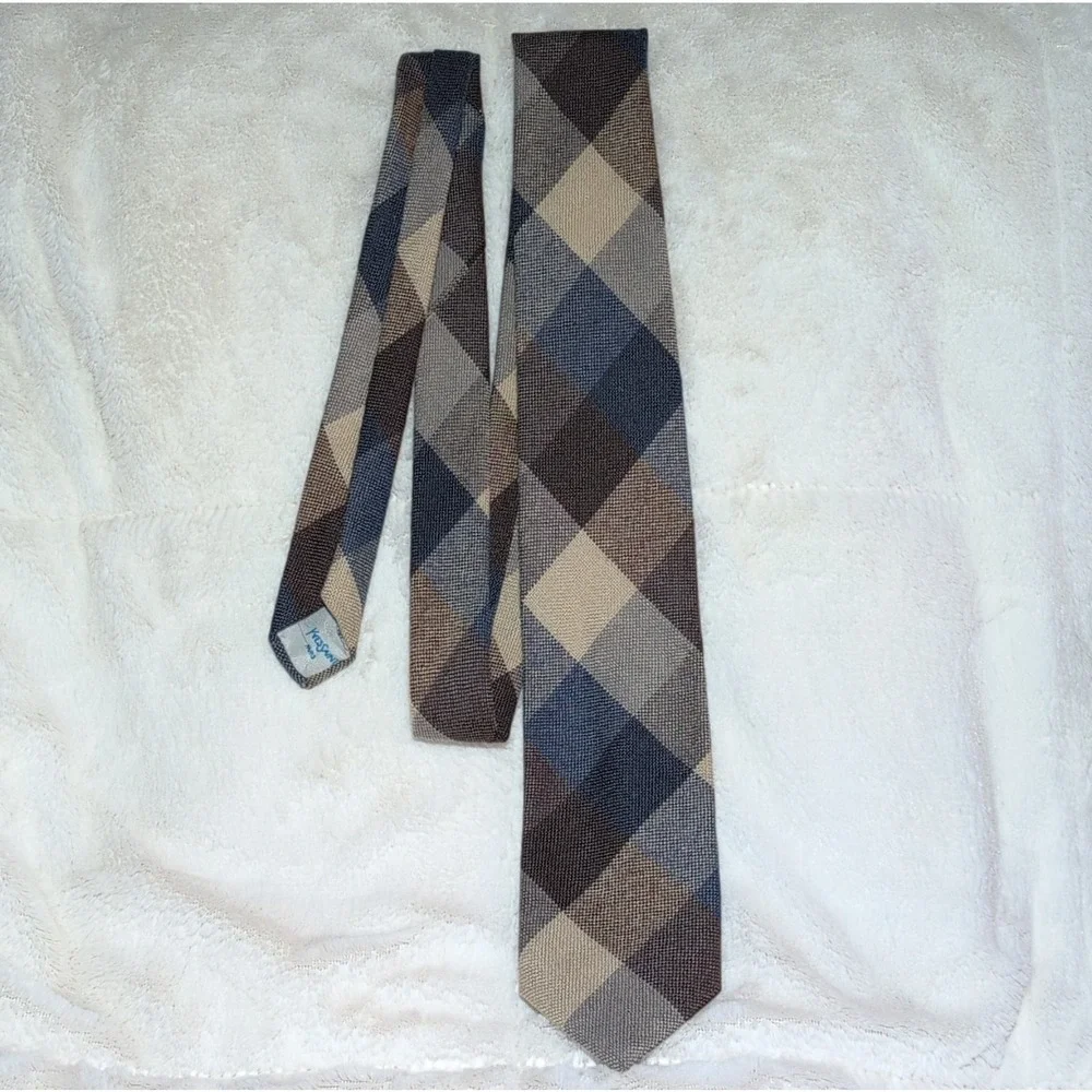 Yves Saint Laurent Designer Plaid Woven Men's Tie Brown Tan Blue‎ Gray vintage
